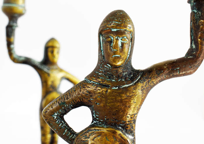 Pair of vintage solid brass medieval knight candlestick holders