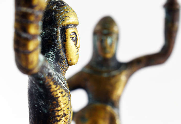 Pair of vintage solid brass medieval knight candlestick holders