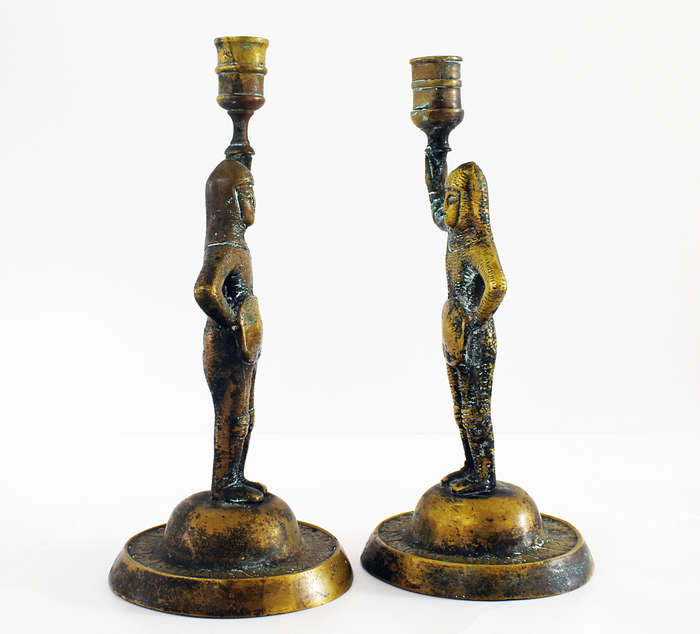 Pair of vintage solid brass medieval knight candlestick holders