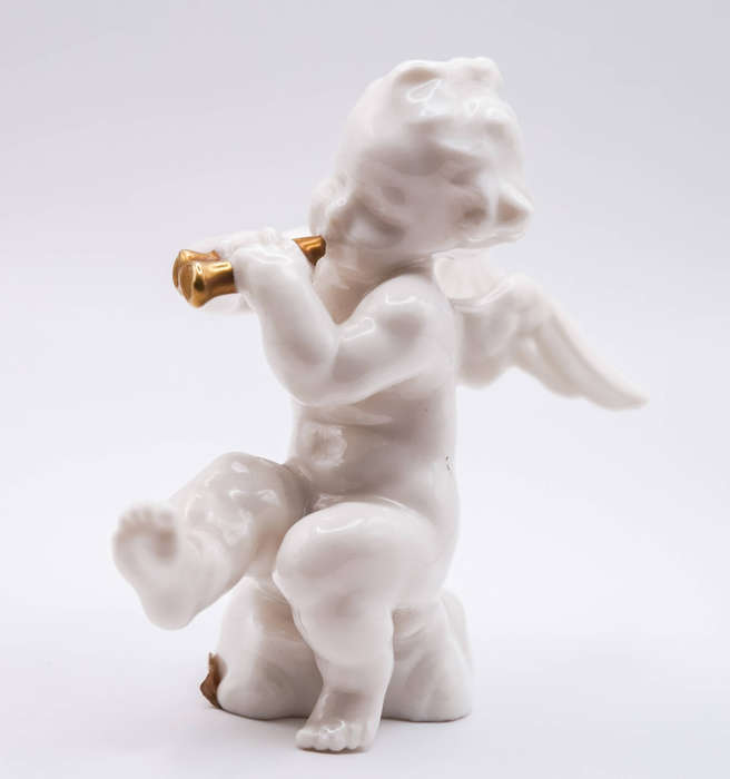 Hutschenreuther Selb Porcelain Cherub / Putto Playing Double Flute  Gilded Instrument  Mid-Century