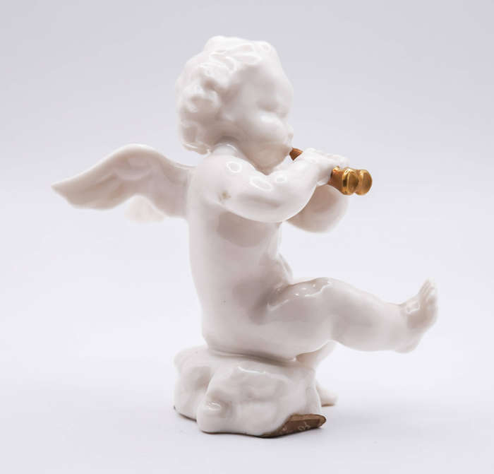 Hutschenreuther Selb Porcelain Cherub / Putto Playing Double Flute  Gilded Instrument  Mid-Century