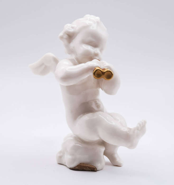 Hutschenreuther Selb Porcelain Cherub / Putto Playing Double Flute  Gilded Instrument  Mid-Century