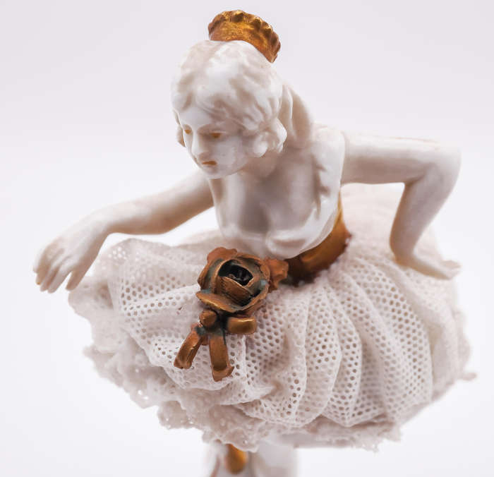 Vintage Dresden Lace Porcelain Ballerina Figurine  Handcrafted Collectible with Gilded Details