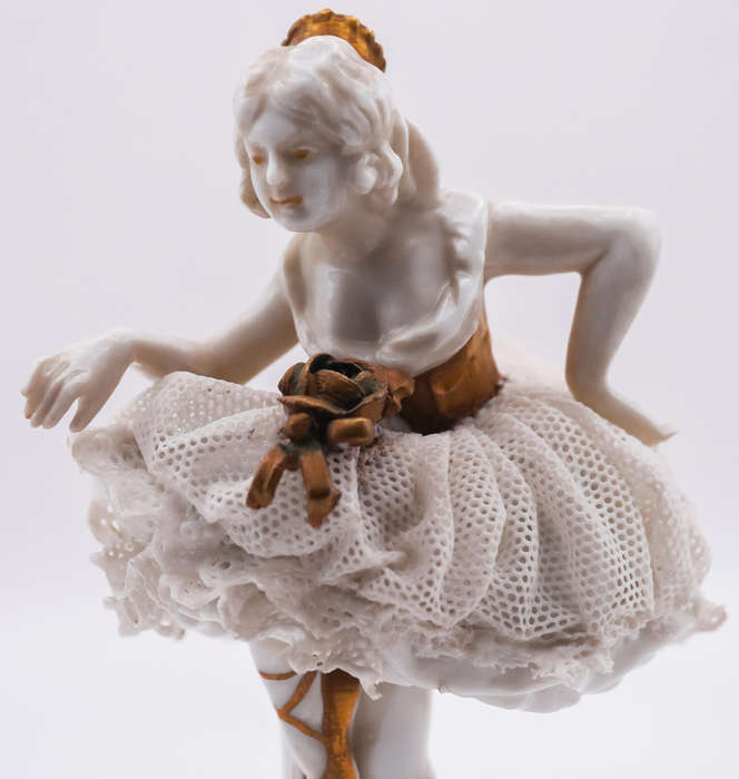 Vintage Dresden Lace Porcelain Ballerina Figurine  Handcrafted Collectible with Gilded Details