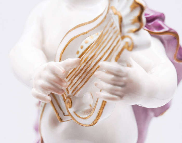 Meissen-style Dresden Porcelain Putto with Lyre Figurine  Crossed Swords Mark