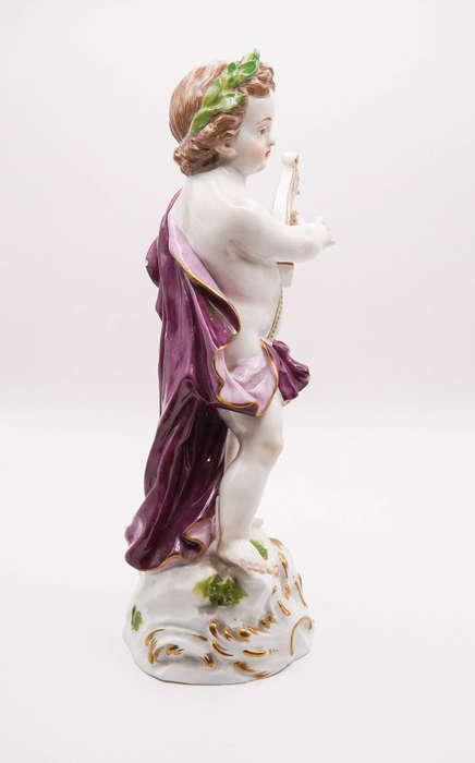 Meissen-style Dresden Porcelain Putto with Lyre Figurine  Crossed Swords Mark