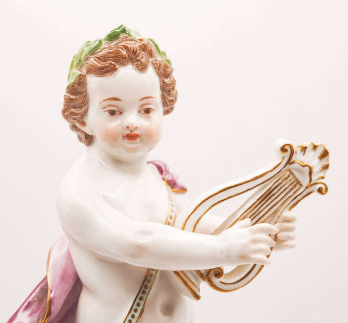 Meissen-style Dresden Porcelain Putto with Lyre Figurine  Crossed Swords Mark