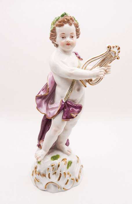 Meissen-style Dresden Porcelain Putto with Lyre Figurine  Crossed Swords Mark