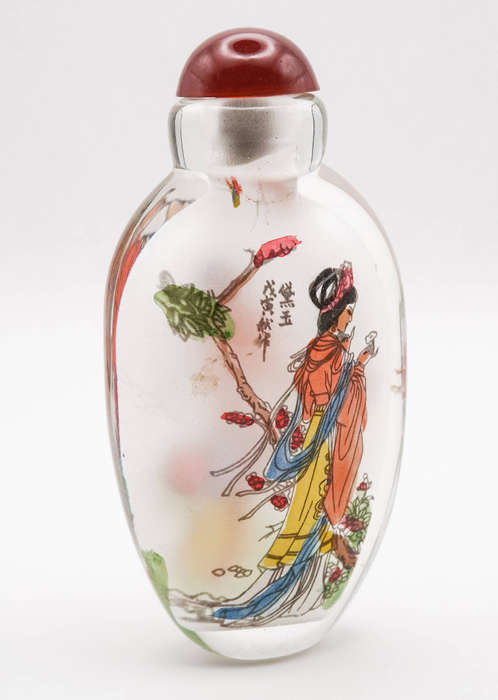 Inside-Painted Chinese Glass Snuff Bottle  Garden Ladies, Signed, c.1980s