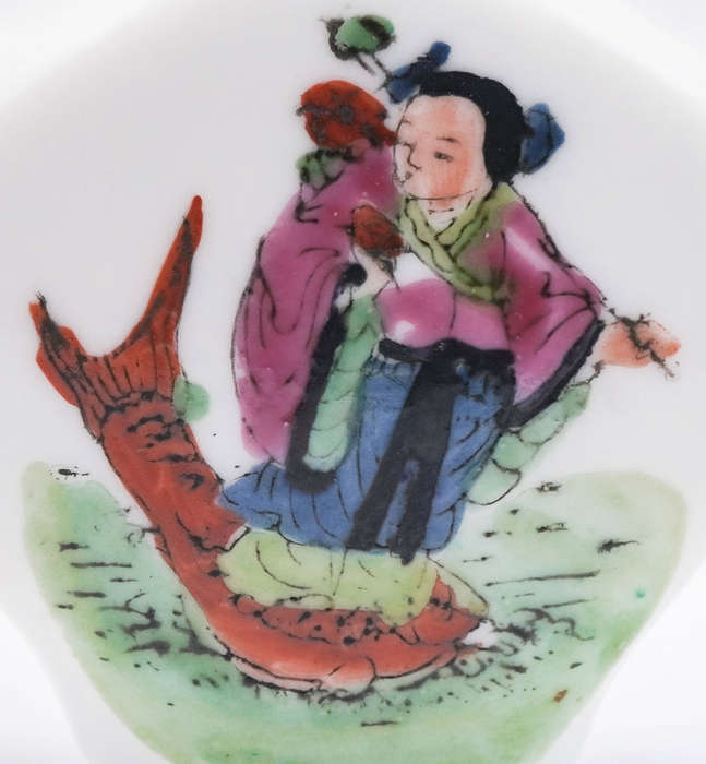Vintage Chinese Porcelain Snuff Bottle  Jadeite-Style Stopper, Koi & Figure, c.20th C