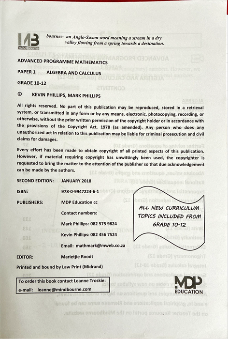 Mindbourne Advanced Programme Mathematics Paper 1 Algebra and Calculus Grade 10-12