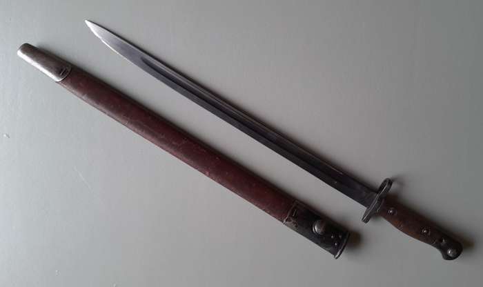 S.A. Police Issue WW2 1907 Pattern Wilkinson Sword Bayonet With Rare Brown Leather Scabbard.