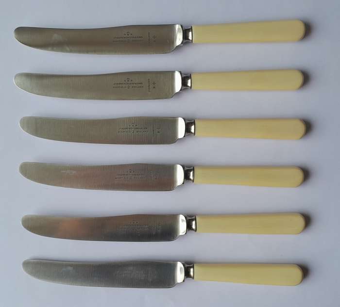 Antique Joseph Rodgers & Sons Set Of Six Dessert Knives With Ivorine Handles. Rare Original Box.