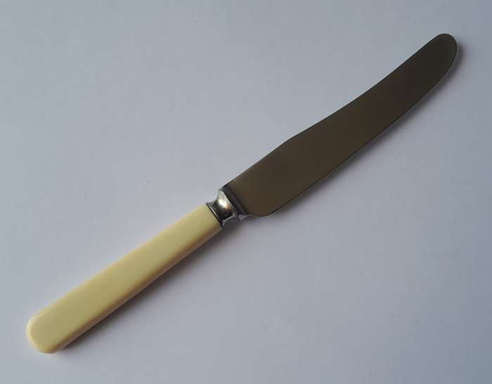 Antique Joseph Rodgers & Sons Set Of Six Dessert Knives With Ivorine Handles. Rare Original Box.