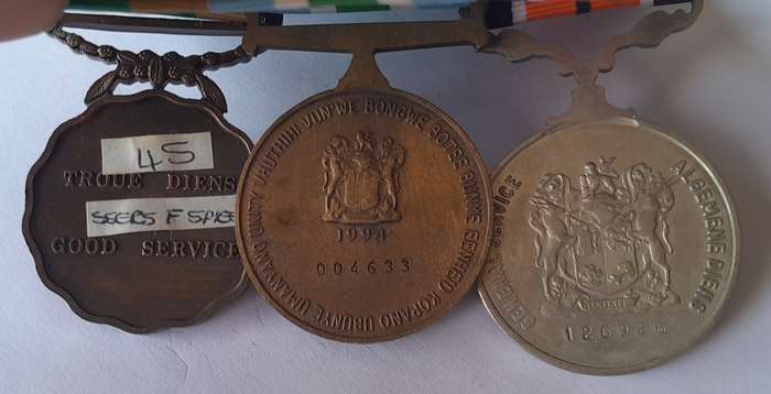 SADF Full Sized Court Mounted Medal Set.  General Service, Unitas, 10 Years Good Service.
