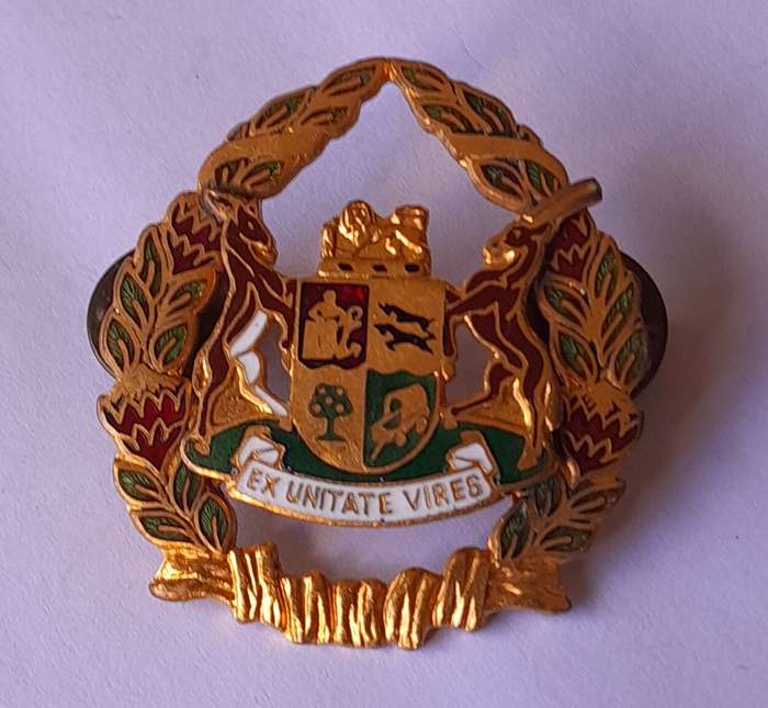 SA Prison Service Warrant Officer Cap Badge.  Gilt And Enamel. Pins Intact.