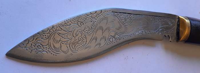 Vintage Nepalese Gurkha Kukri Dagger with Engraved Blade and Scabbard.