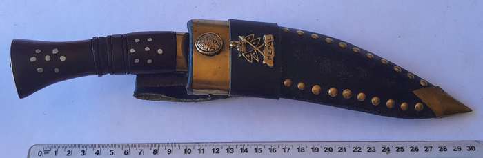 Vintage Nepalese Gurkha Kukri Dagger with Engraved Blade and Scabbard.