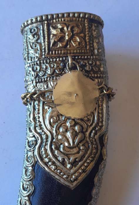 Vintage Khotimora Kukri with Inlaid Brass and Embossed Silver Scabbard.
