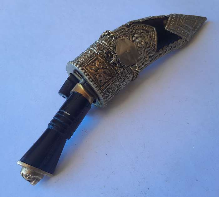Vintage Khotimora Kukri with Inlaid Brass and Embossed Silver Scabbard.