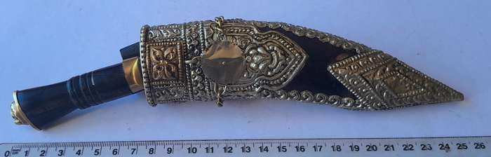 Vintage Khotimora Kukri with Inlaid Brass and Embossed Silver Scabbard.