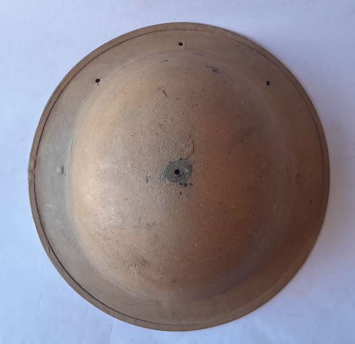 WW2 SA Brodie Helmet.  North Africa Campaign with Desert Camo. Original Chin Strap. No Inner.