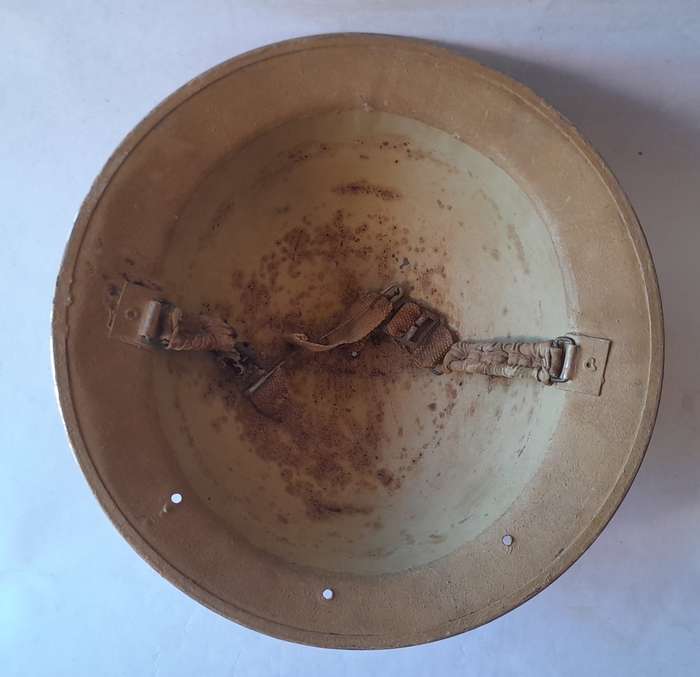 WW2 SA Brodie Helmet.  North Africa Campaign with Desert Camo. Original Chin Strap. No Inner.