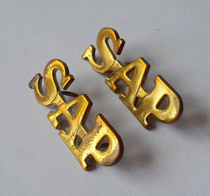 Early Pair SA Police Brass Shoulder Titles.  3 Pins Intact.