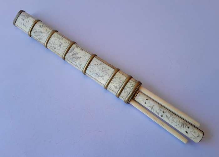 Antique Japanese or Chinese Scrimshaw Bone Trousse (Traveling Dining Set). 18th/19th Century. 26cm.