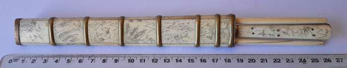 Antique Japanese or Chinese Scrimshaw Bone Trousse (Traveling Dining Set). 18th/19th Century. 26cm.