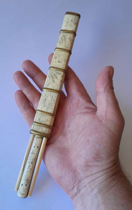 Antique Japanese or Chinese Scrimshaw Bone Trousse (Traveling Dining Set). 18th/19th Century. 26cm.