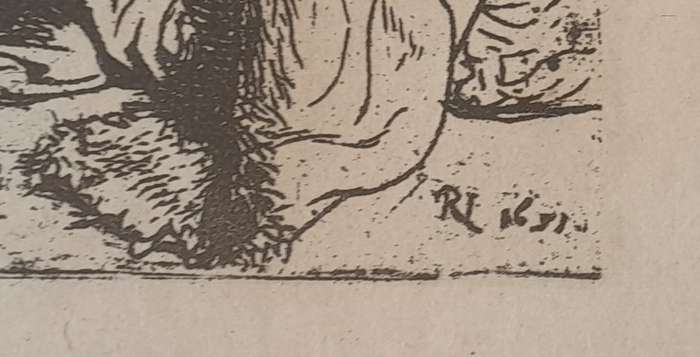 Rembrandt Van Rijn Litho Print "Seated Beggar and his Dog". No139. Gilt Framed (30x25cm).
