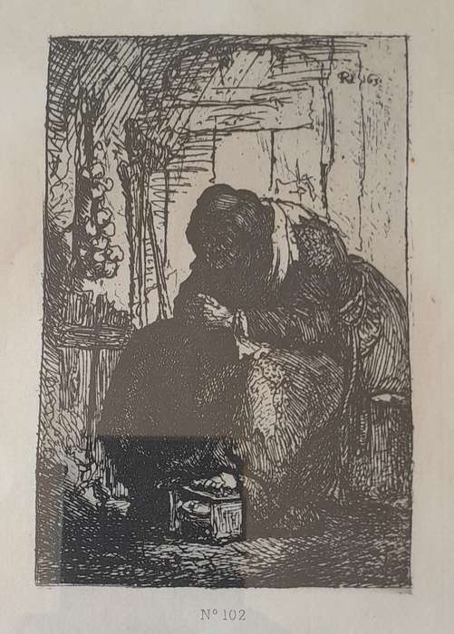 Rembrandt Van Rijn Litho Print "Old Woman Seated in a Cottage". No102. Gilt Framed (29.5x24.5cm).