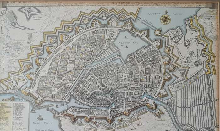 Early Map of 17th/18th Century Hamburg. Framed (53x48cm).