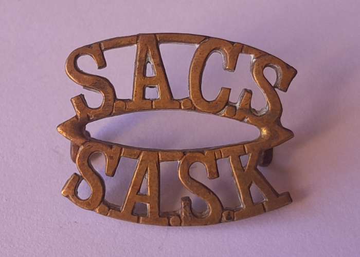 Early SA Corps of Signals Brass Shoulder Title.  Lugs Intact.