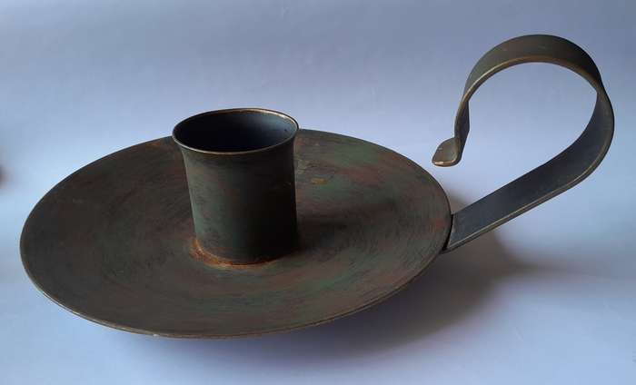 Large Antique Metal Chamberstick Candle Holder With Bronze & Gilt Painted Finish.  32cm.