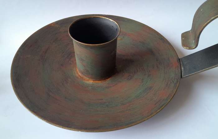 Large Antique Metal Chamberstick Candle Holder With Bronze & Gilt Painted Finish.  32cm.