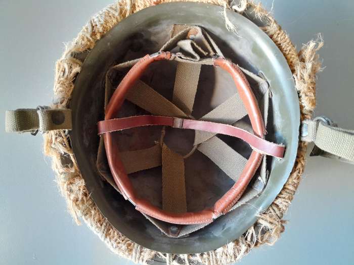 1970 SADF Border War Staaldak Helmet with Full Bush Camo and Inner.  C.J. Fuchs Ltd.