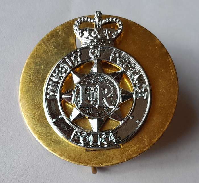 Pair Ministry of Defence Police Anodised Aluminium Collar Badges with Backplates.