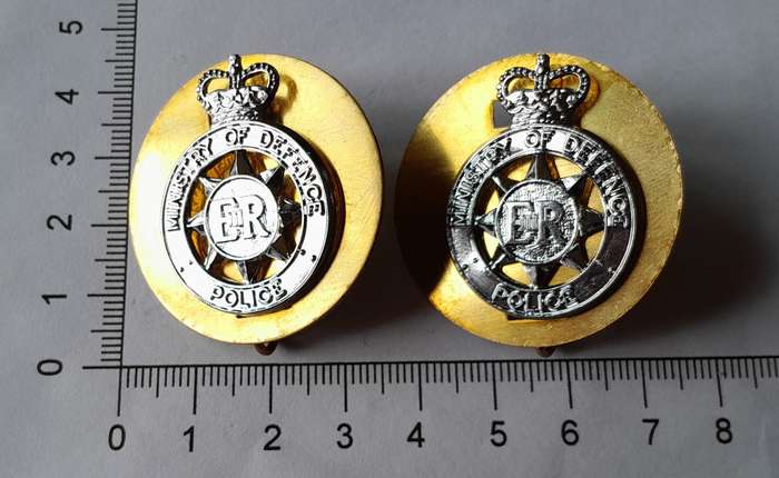 Pair Ministry of Defence Police Anodised Aluminium Collar Badges with Backplates.