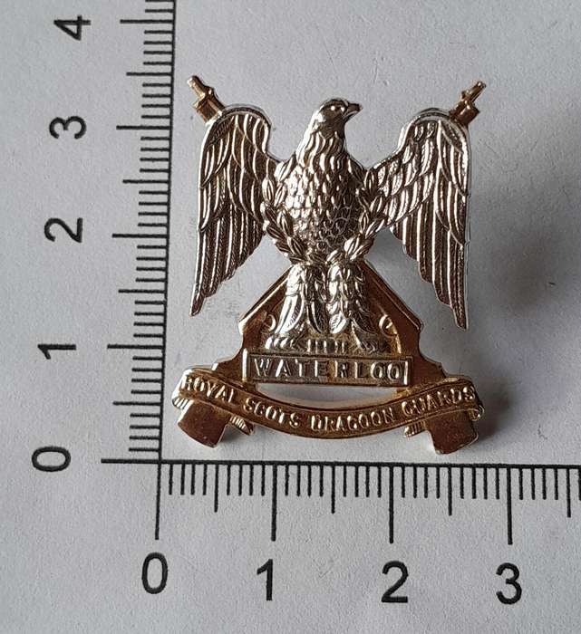 Royal Scots Dragoon Guards Anodised Aluminium Badge.  Lug Intact.