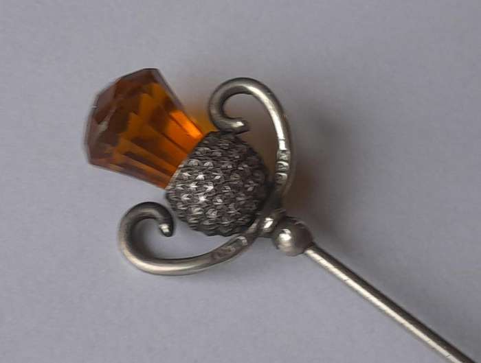 Antique Solid Silver And Amber Thistle Hat Pin By Charles Horner.  Chester, 1908.
