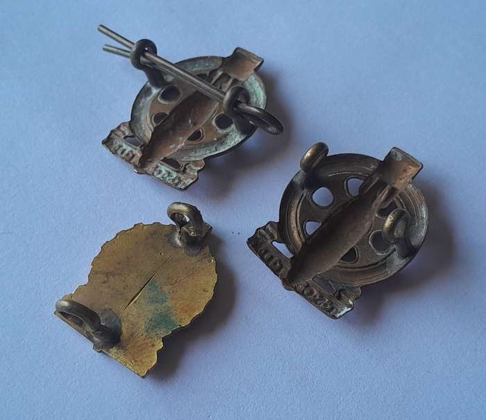 Pair WW2 SA Army Technical Corps Collar Badges + 1 other.  Lugs Intact.