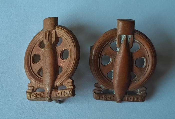 Pair WW2 SA Army Technical Corps Collar Badges.  Pins / Lugs Intact.