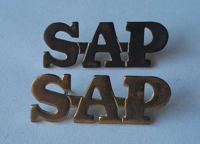 Pair Vintage SA Police Metal Shoulder Titles.  Pins Intact.