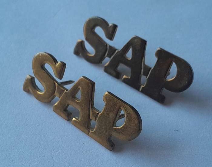 Pair Vintage SA Police Metal Shoulder Titles.  Pins Intact.