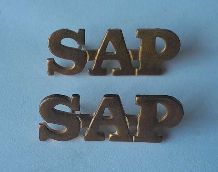 Pair Vintage SA Police Metal Shoulder Titles.  Pins Intact.