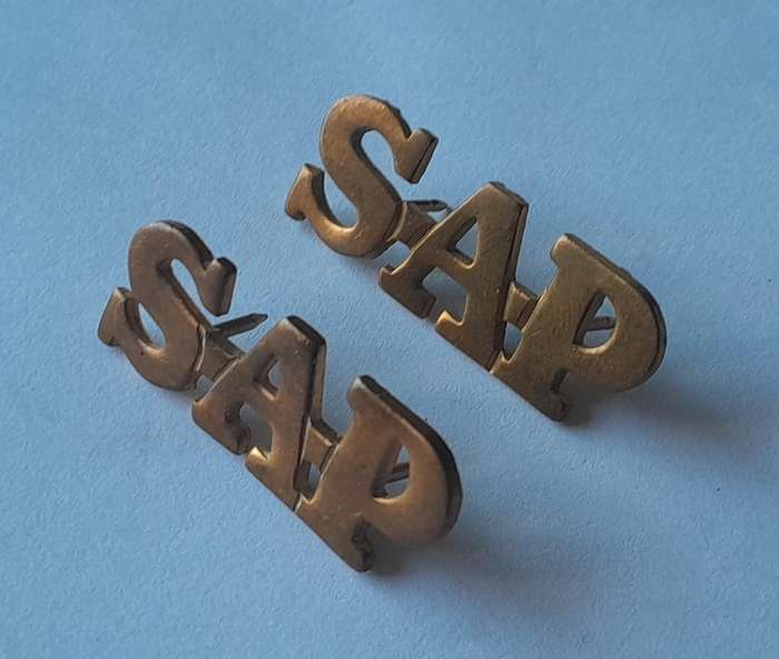 Pair Vintage SA Police Metal Shoulder Titles.  Pins Intact.