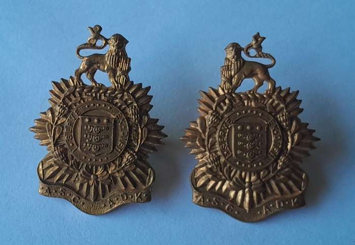 Early SA Army Service Corps Badge Set.  Cap & 2 Collars. (facing).  Lugs Intact.