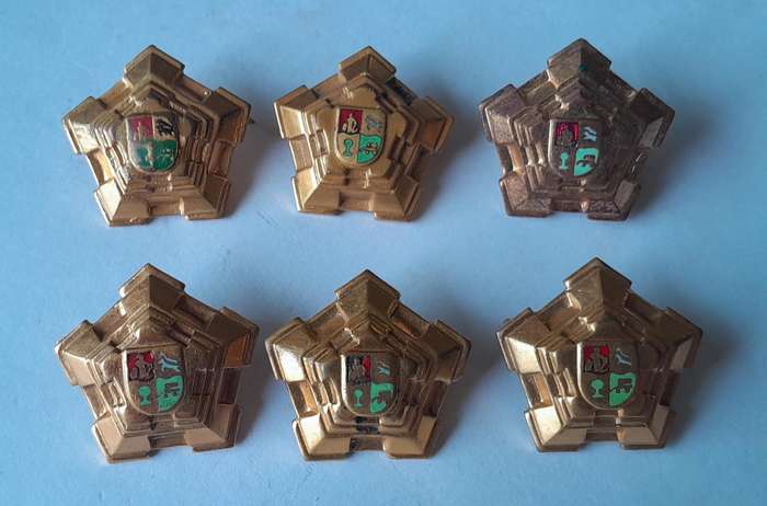 Set of 6 SADF Castle Rank Badges.  (Brass Type).